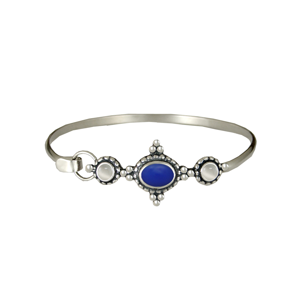 Sterling Silver Gemstone Strap Latch Spring Hook Bangle Bracelet Blue Onyx And White Moonstone